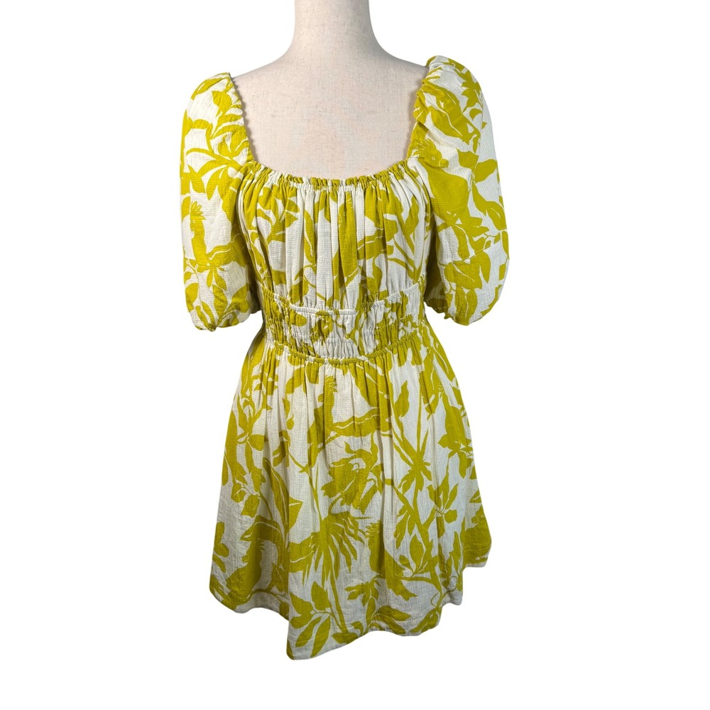 Maeve Anthropologie Dress Womens M Chartreuse Tropical Bird Puff Sleeve Mini